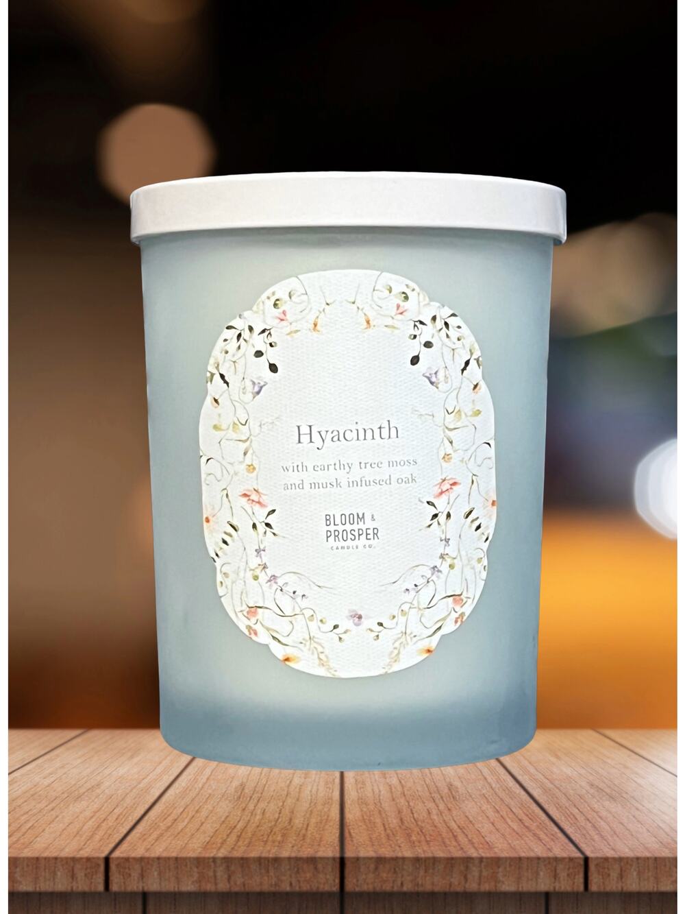 NEW! Bloom & Prosper Hyacinth, Tree Moss, and Musk Candle with Lid 8.8oz
